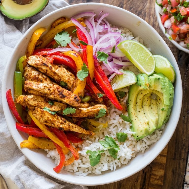 Enjoy this flavorful Chicken Fajita Bowl, loaded with seasoned chicken strips, colorful bell peppers, and finished with a dollop of sour cream.