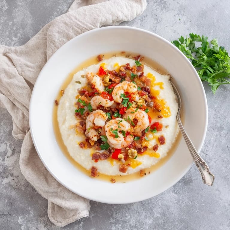 A bowl of classic Southern Shrimp and Grits with rich, cheesy grits and succulent shrimp in a pan sauce.