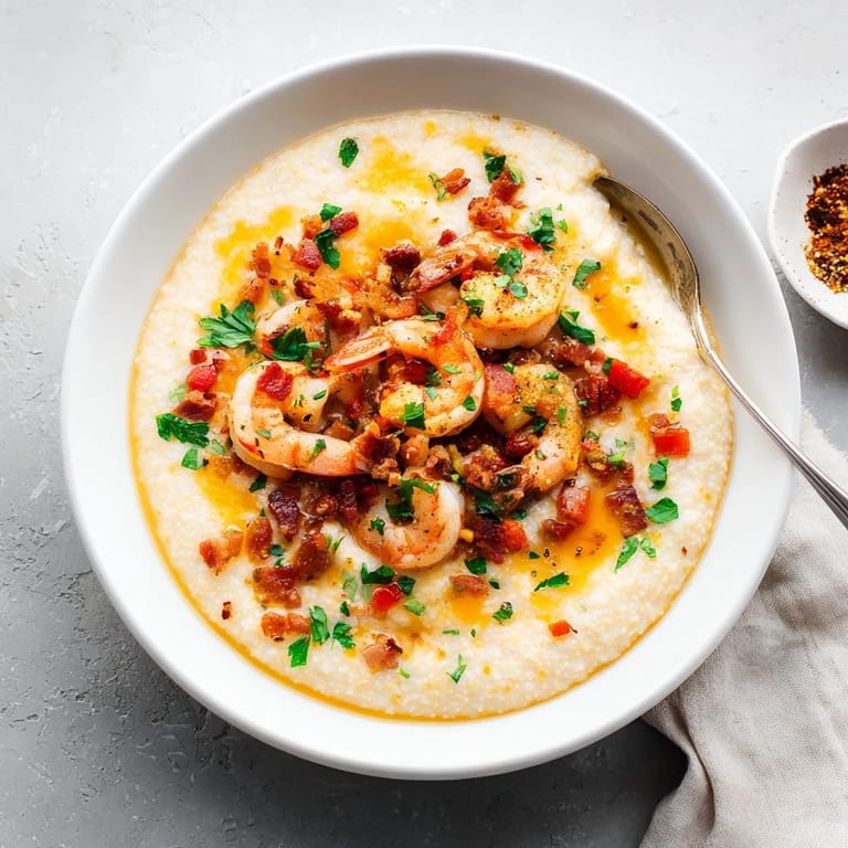 Sizzling shrimp and bacon in a skillet beside fluffy grits, ready to be served as a hearty Southern dinner.