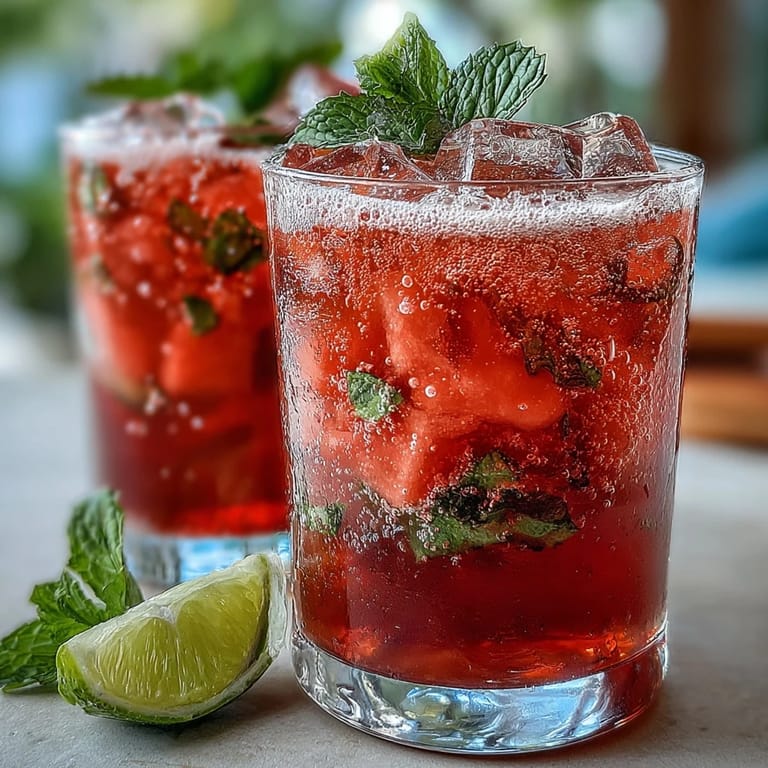 Refreshing watermelon lime sparkling punch served over ice with mint garnish, ideal for summer barbecues and outdoor celebrations.