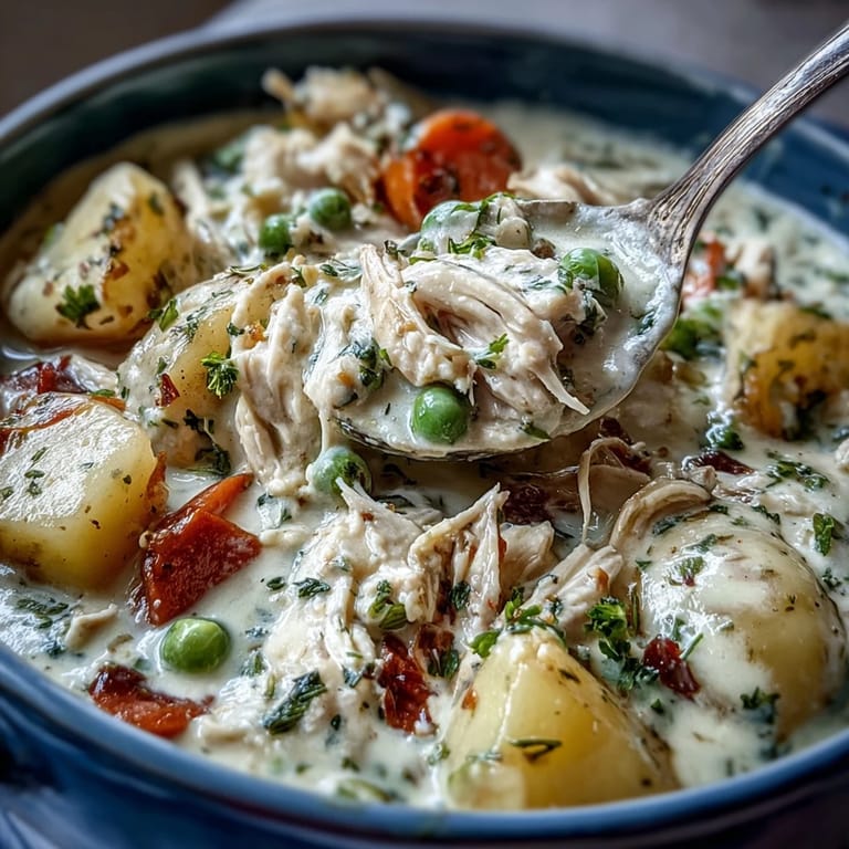 Hearty chicken pot pie soup simmered with carrots, celery, and peas in a velvety slow-cooked broth.