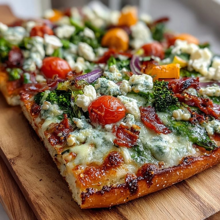 Festive rainbow veggie flatbread pizza features crisp broccoli, juicy tomatoes, and purple cabbage over melted mozzarella on a golden crust.