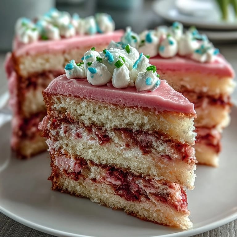 Layered sponge cake in soft pink and yellow gradients, frosted with silky buttercream for a dreamy, seasonal dessert.