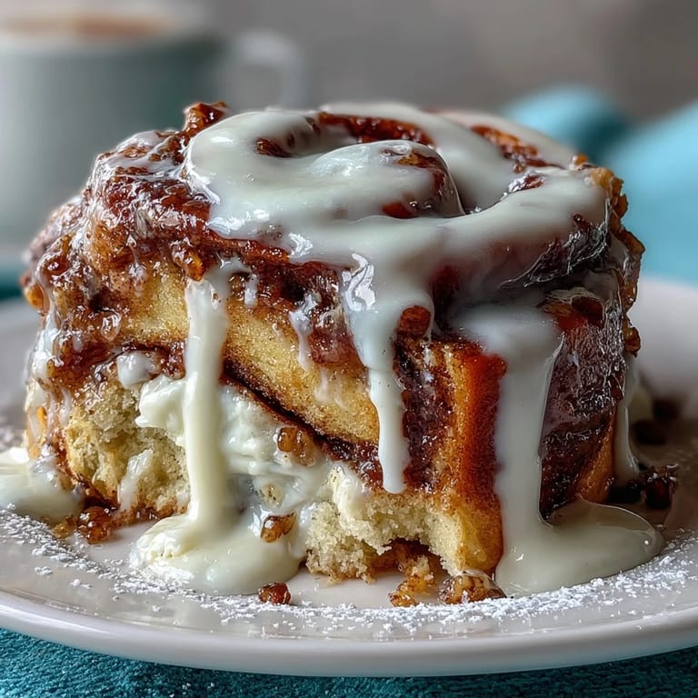Warm cinnamon roll pancake bake topped with luscious cream cheese glaze, ideal for weekend mornings.