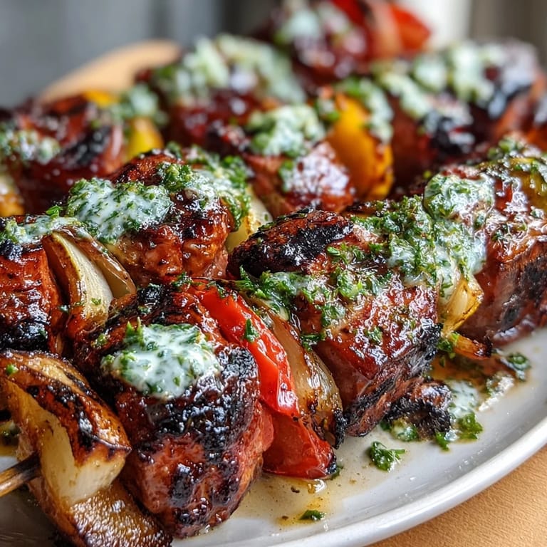Fresh vegetable skewers with vibrant chimichurri sauce, a delicious vegetarian option for summer cookouts.  