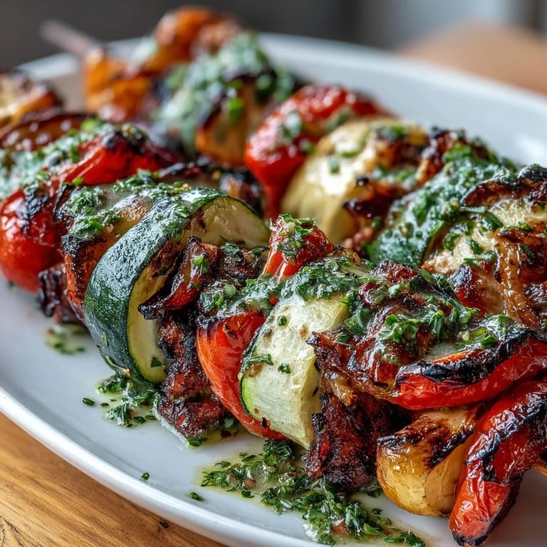 Grilled veggie skewers drizzled with zesty chimichurri, a bright and flavorful plant-based main or side.