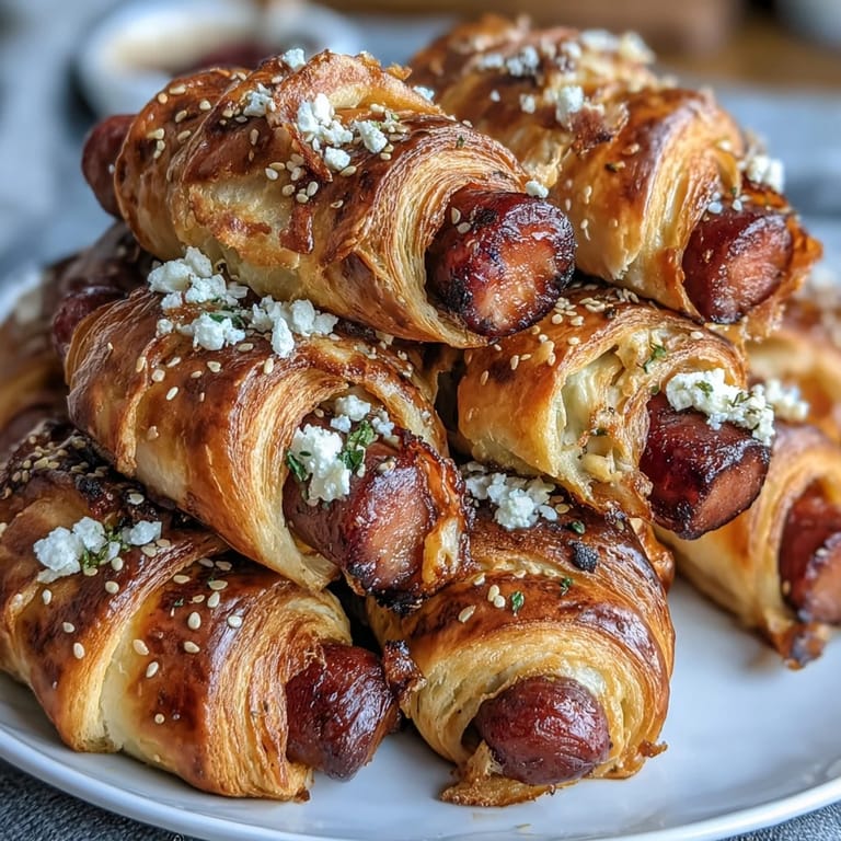 Bite-sized cocktail sausages rolled in buttery crescent dough, baked to perfection and paired with a creamy Dijon honey sauce for game day gatherings.