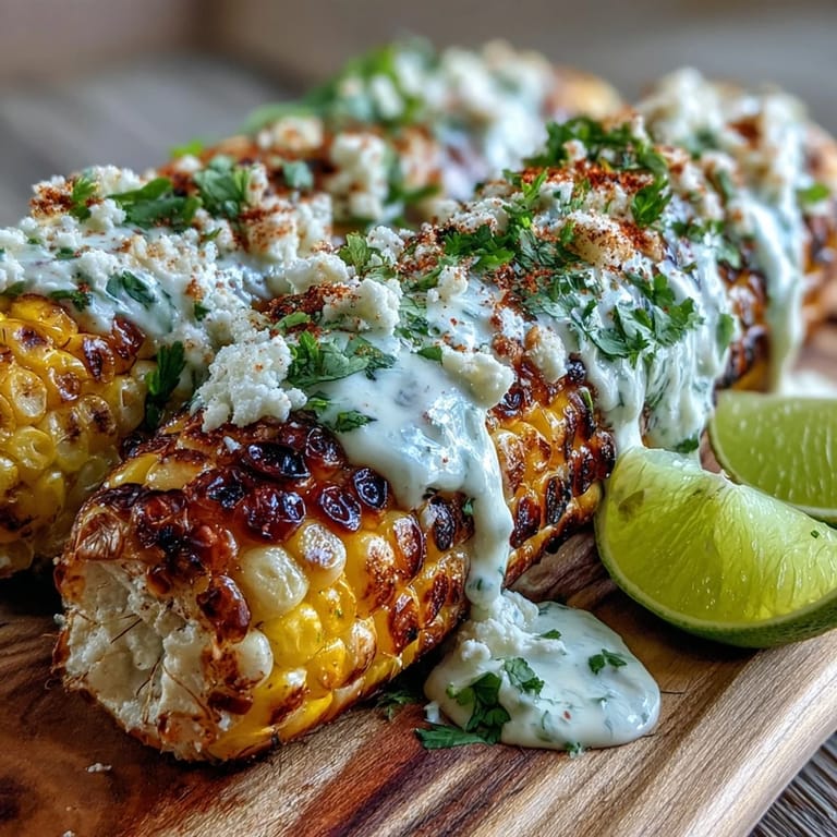 Creamy Mexican corn on the cob slathered in Cotija cheese, tangy lime, and chili for a zesty side dish.