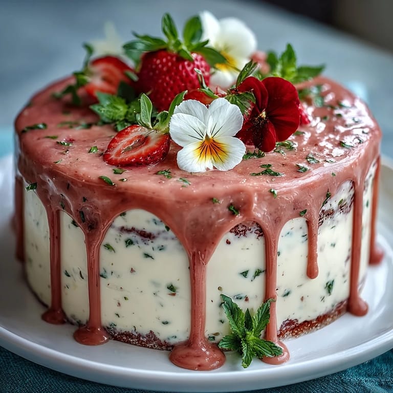 Beautiful vanilla layer cake topped with fresh strawberry buttercream, white chocolate drip, and edible flowers, perfect for springtime celebrations.