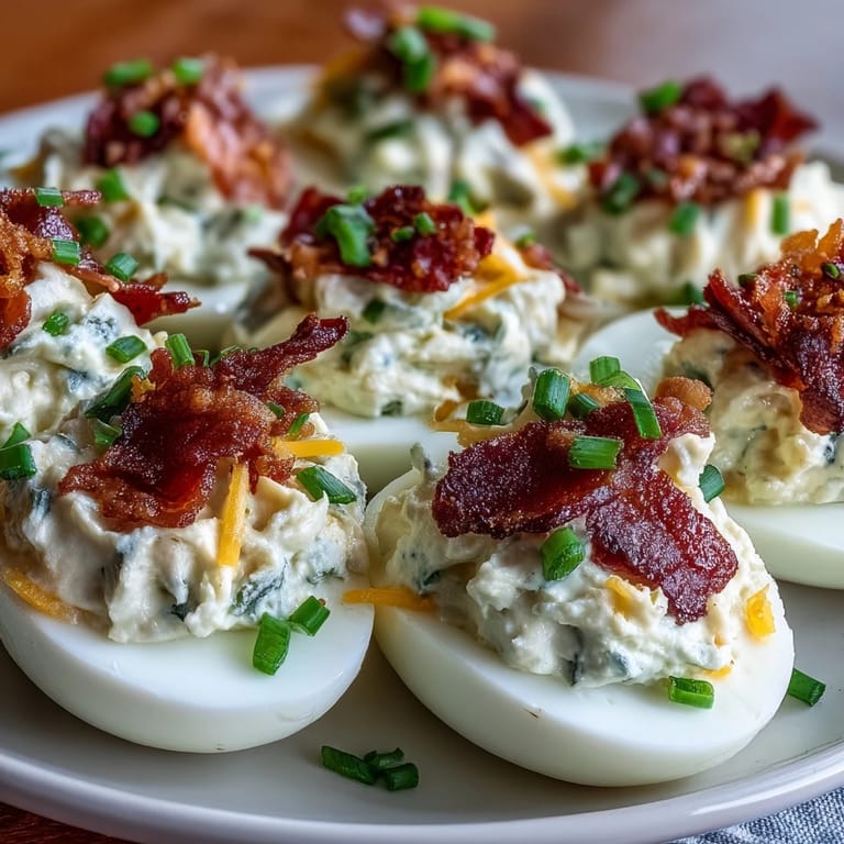 Classic deviled eggs get a spicy upgrade with jalapeño, cream cheese, and smoky bacon.