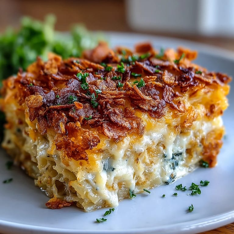 Creamy and comforting cheesy hash brown casserole, baked to perfection with sharp cheddar and savory onion.  