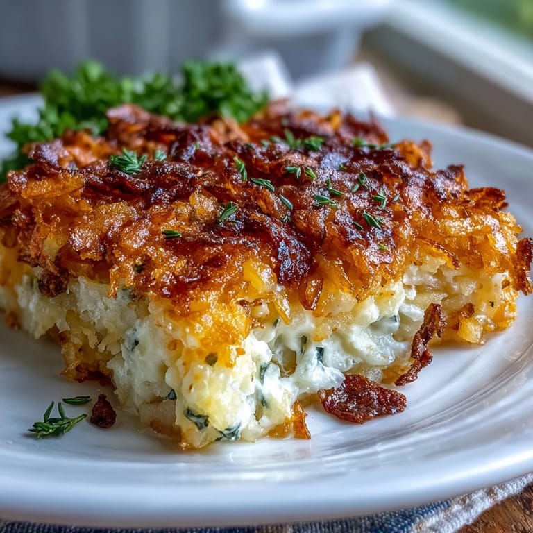 Savory cheesy hash brown casserole, golden brown and bubbling, served hot as a hearty Easter side dish.