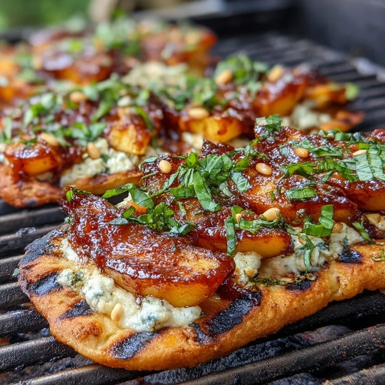 Smoky BBQ peach and Brie flatbread, featuring juicy grilled peaches and creamy cheese