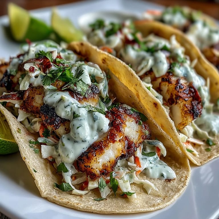 Coconut lime marinated fish tacos topped with crunchy cabbage slaw and tangy crema, perfect for a light and flavorful dinner.
