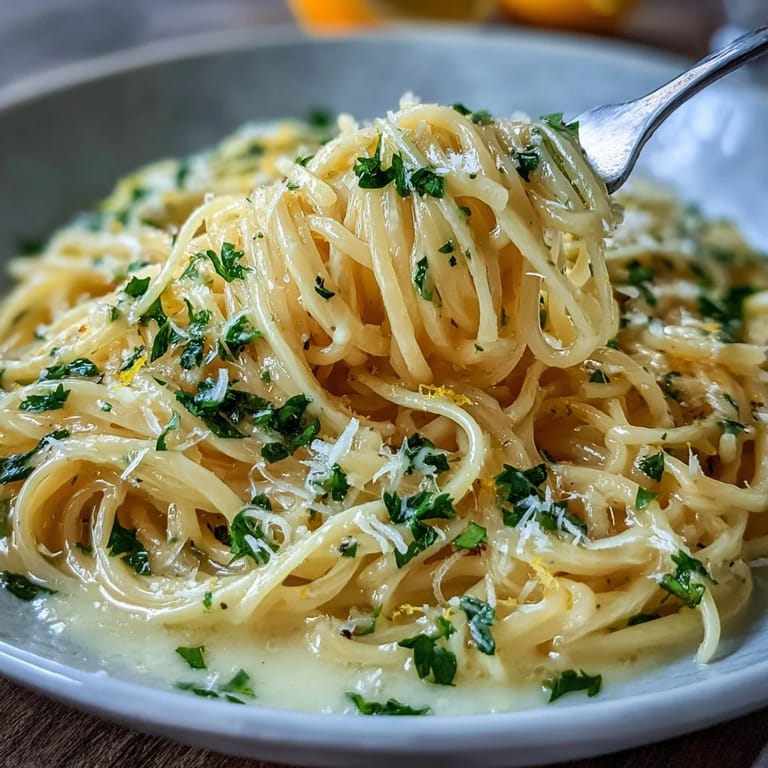 Bright lemon zest and garlic butter coat tender spaghetti, garnished with parsley for a vibrant meal.