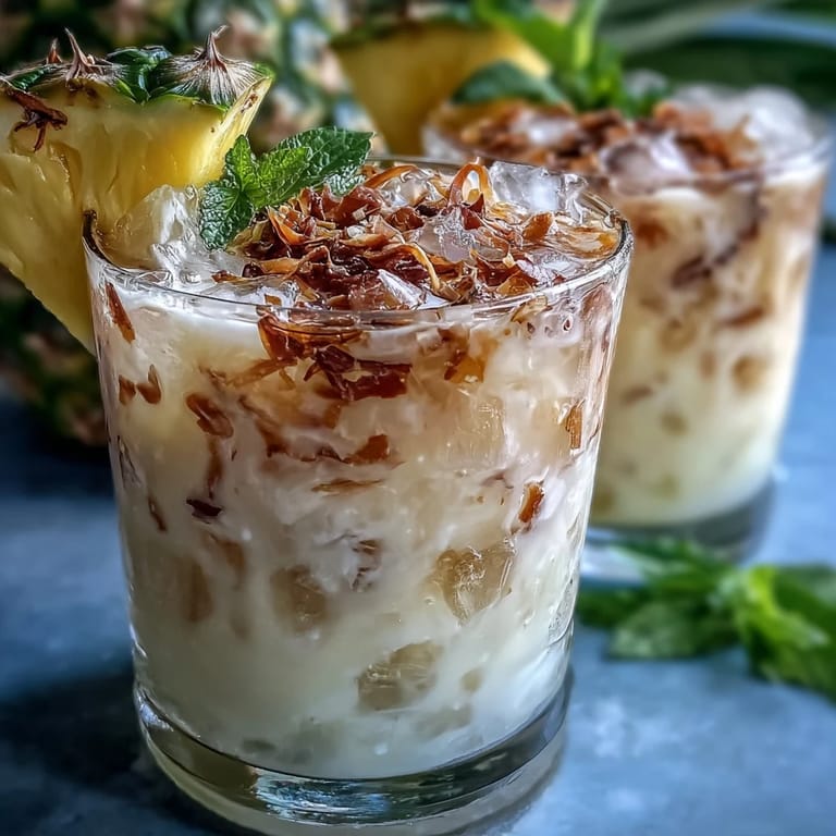 Creamy Pineapple Coconut Agua Fresca in a clear pitcher, surrounded by tropical fruits and fresh mint leaves.