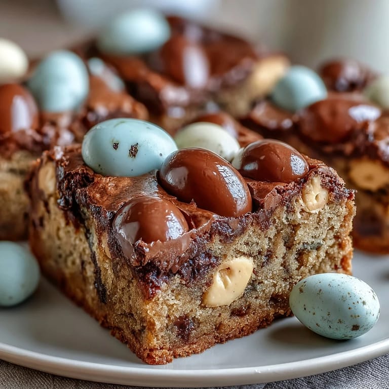 Creamy peanut butter cookie bars loaded with festive Easter egg chocolates, perfect for spring celebrations.