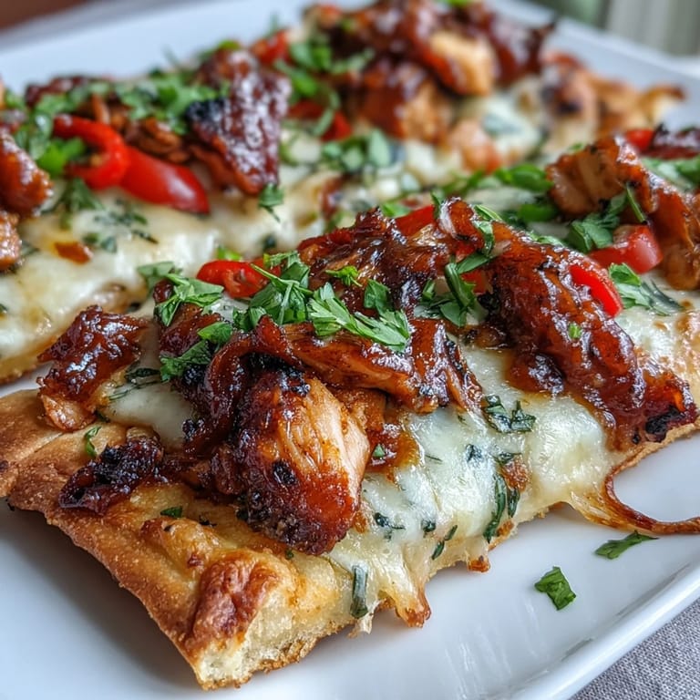 Smoky BBQ chicken and cheese flatbread pizza topped with fresh cilantro, jalapeño, and colorful bell peppers.