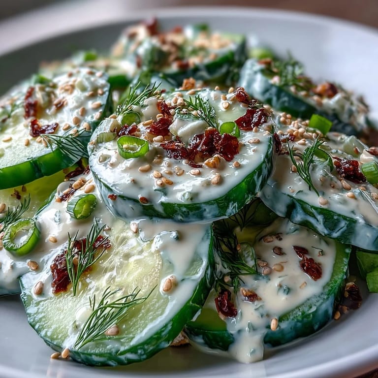 Refreshing TikTok Cucumber Salad, creamy dressing with savory crunch, perfect side dish.