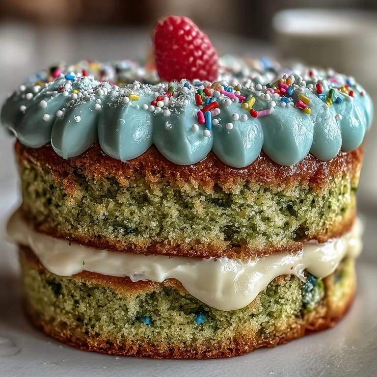 Tender smash cake style mini matcha birthday cake, decorated with creamy vanilla frosting.