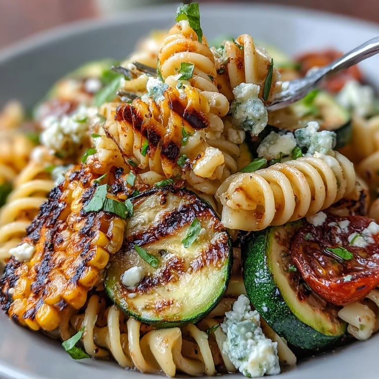 Hearty pasta salad with smoky grilled veggies, Cotija, perfect for picnics.