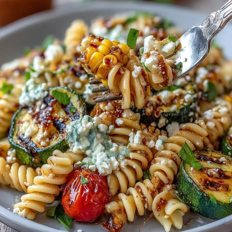 Summer pasta salad featuring charred zucchini, sweet corn, and lime dressing.