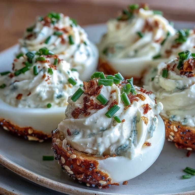 Plated everything bagel deviled eggs topped with fresh chives and seasoning.
