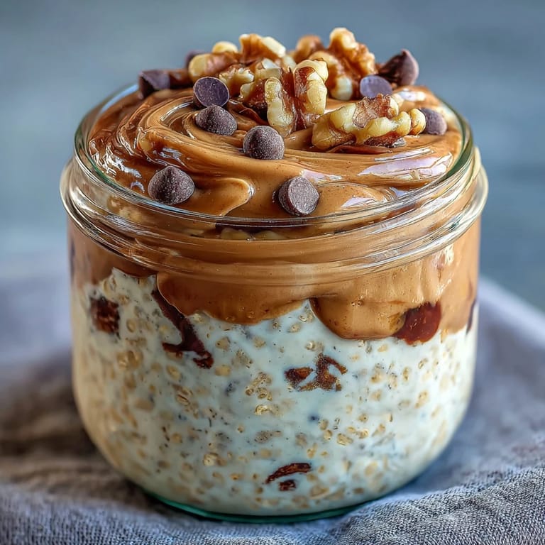 A close-up of protein cookie dough overnight oats, layered with chocolate chips.