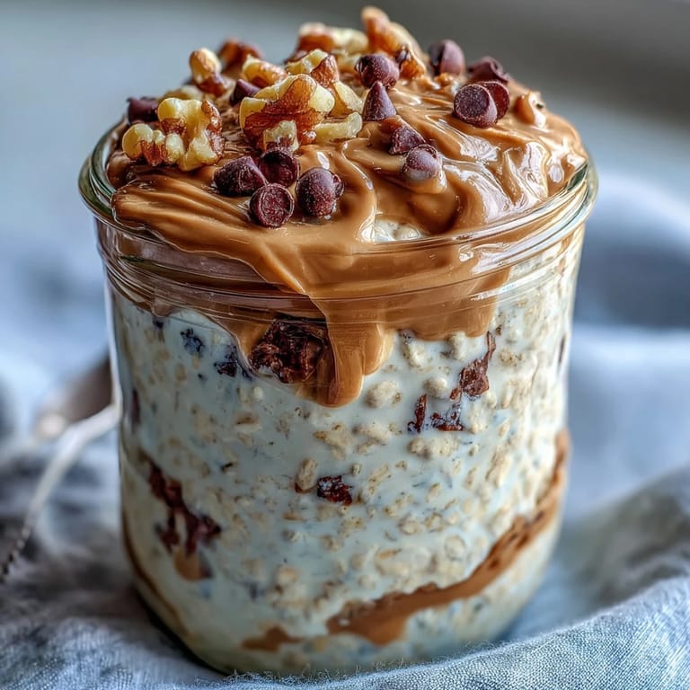 Enjoy these creamy protein cookie dough overnight oats topped with nuts and chocolate.