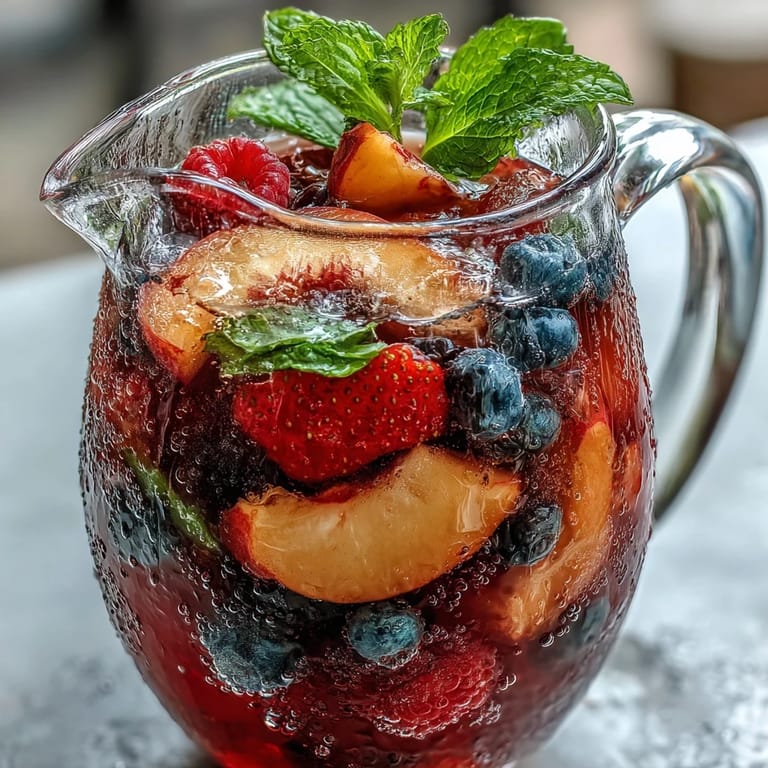 Vibrant summer sangria mocktail, ready to serve over ice with fresh fruit.