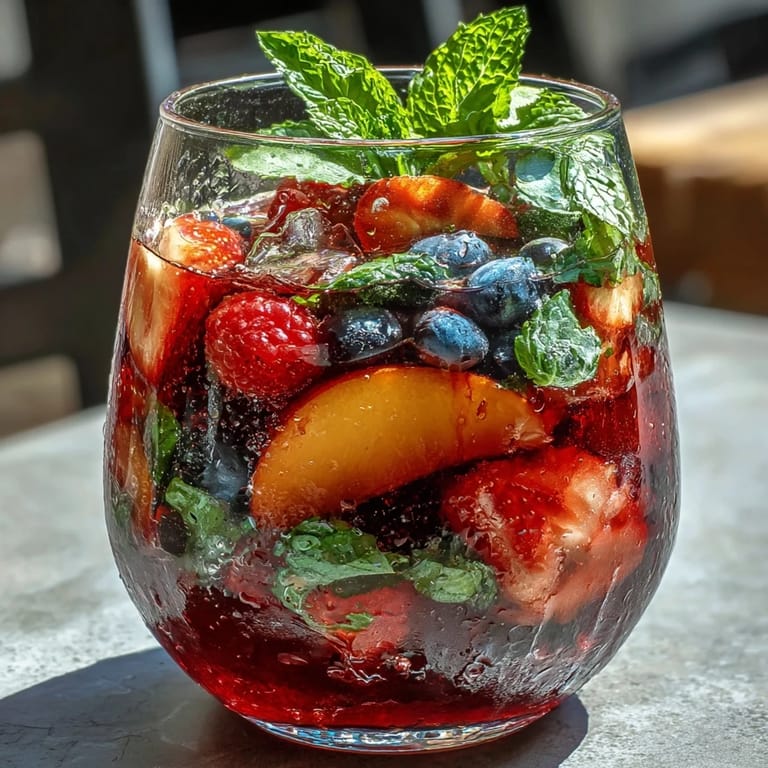 Colorful peach and berry sangria mocktail, a chilled delight for sunny days.