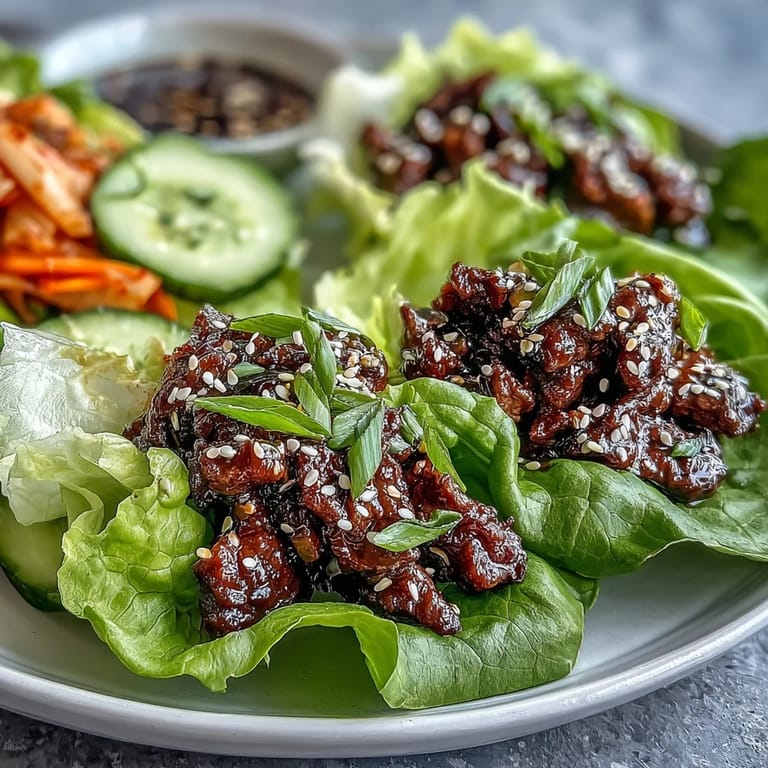 Savory Korean BBQ beef, artfully assembled into refreshing lettuce wraps with crunchy toppings.