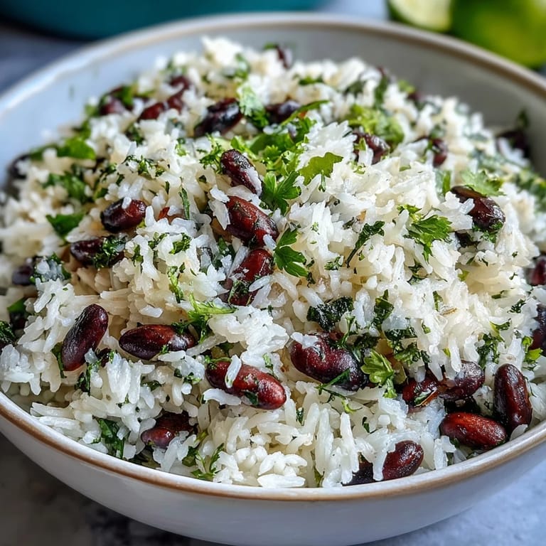 Aromatic coconut lime rice dish, studded with earthy black beans and fresh herbs.