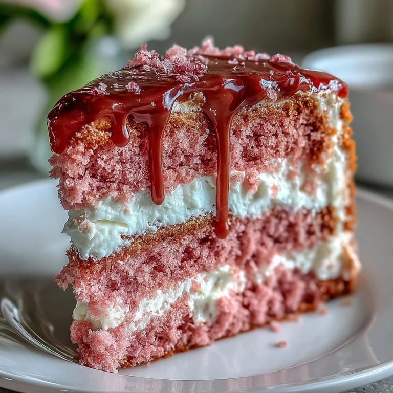 Elegant pink rosé velvet cake, glistening with a rich cream cheese frosting and gold drip.