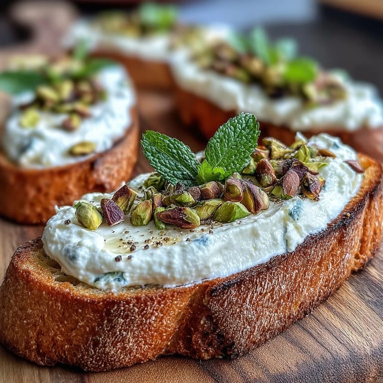 Whipped Ricotta Toast with Honey and Pistachios, topped with verdant green, crunchy nuts.