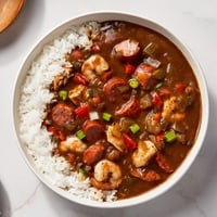 Steaming bowl of homemade Louisiana Gumbo, featuring tender chicken, andouille sausage, and shrimp over fluffy rice.