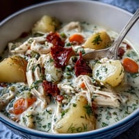 Creamy slow cooker chicken pot pie soup with tender chicken, potatoes, and vegetables in a rich, comforting broth.