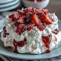 Delicate mini pavlovas with strawberries and cream, crisp meringue shells topped with fluffy whipped cream and juicy berries.