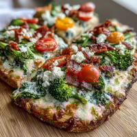 Vibrant St. Patrick's Day Rainbow Veggie Flatbread Pizza with fresh mozzarella and colorful vegetables arranged in festive rainbow stripes.