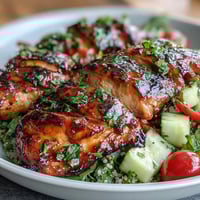 Juicy grilled chicken breast and colorful veggies in a vibrant lemon vinaigrette bowl, perfect for a healthy lunch.