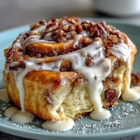 Fluffy cinnamon roll pancake casserole with cream cheese glaze, baked golden and drizzled with sweet icing.  