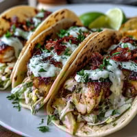 Grilled coconut lime fish tacos with zesty slaw and creamy coconut crema, served on warm tortillas for a fresh summer meal.
