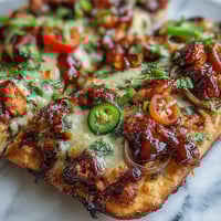 Grilled BBQ chicken flatbread pizza with melted mozzarella, red onion, and bell peppers, drizzled with smoky BBQ sauce.